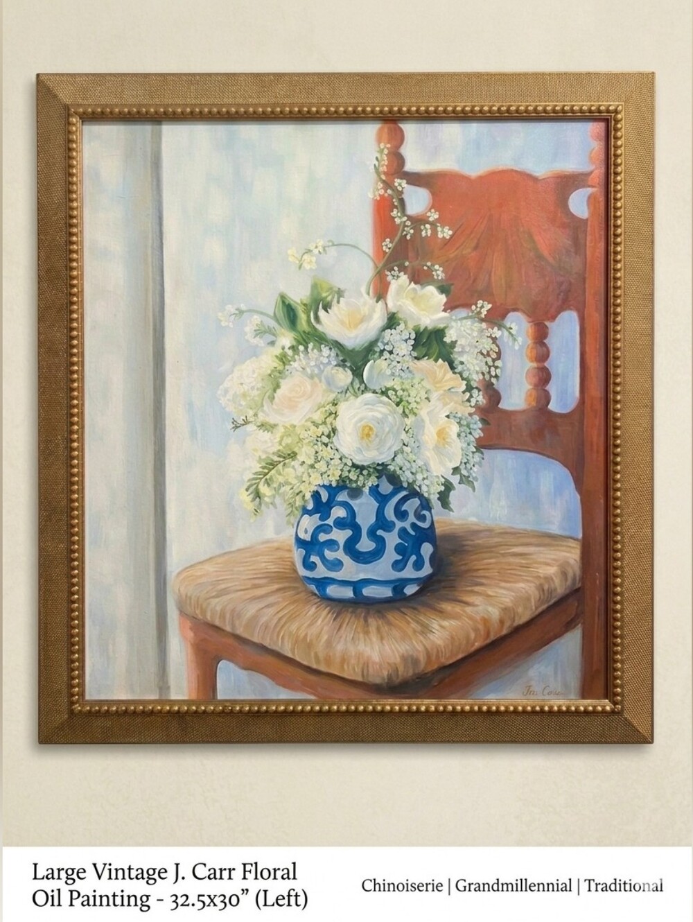 Large Vintage Jen Carr Signed Oil Painting Chinoiserie Still Life Framed 32x30
